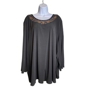 Catherines Black Embellished Neckline Long Sleeve Tunic Top Sz 3X Going‎ Out